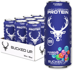 Bucked Up protein soda can display with rainbow candy flavor, 25 g protein per can, zero sugar.