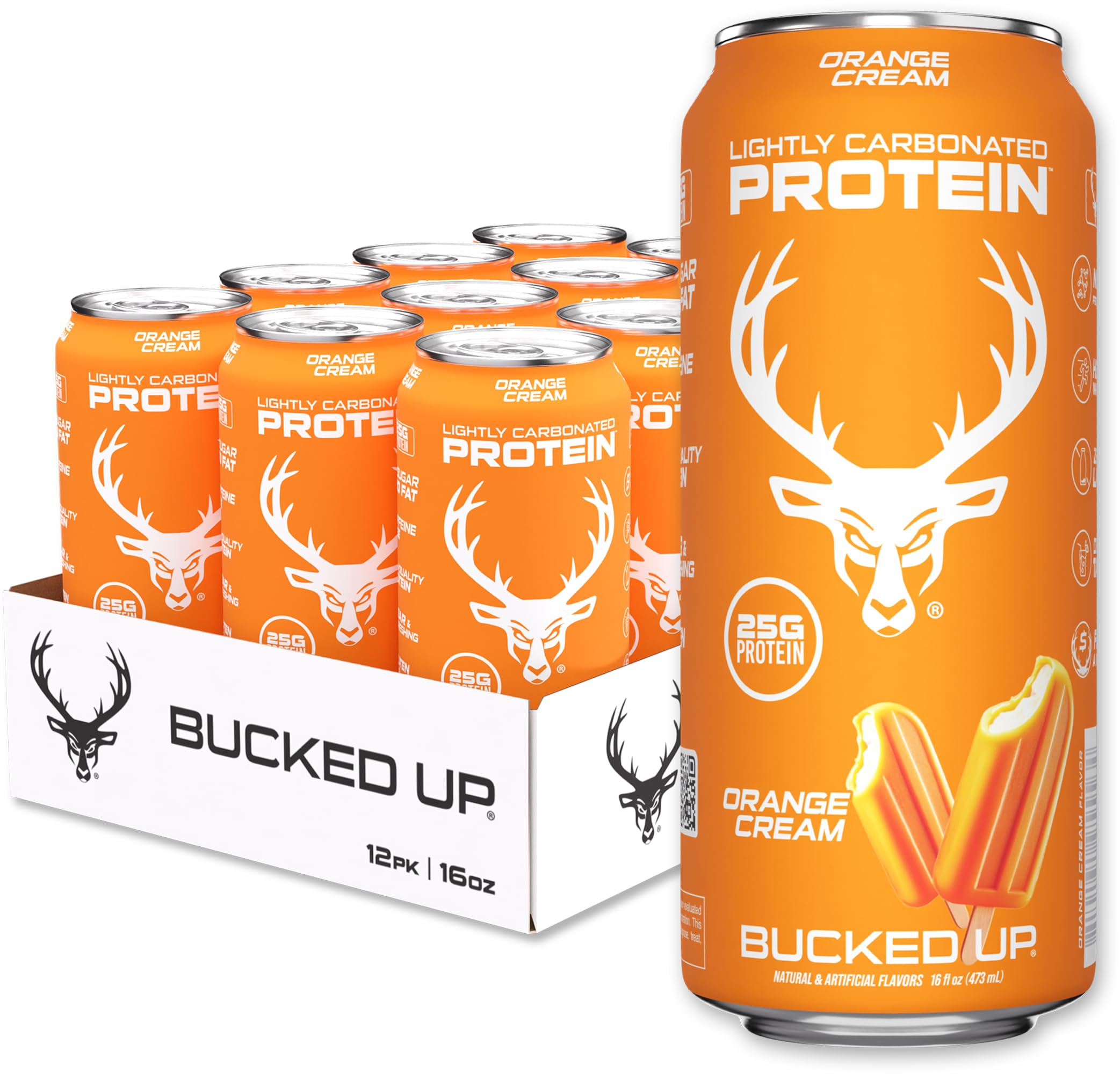 Bucked Up orange cream protein soda can with crisp, refreshing drink