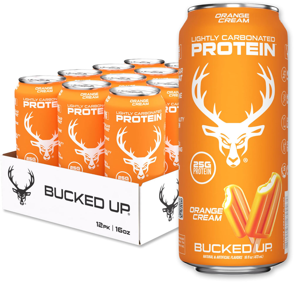 Bucked Up orange cream protein soda can with crisp, refreshing drink
