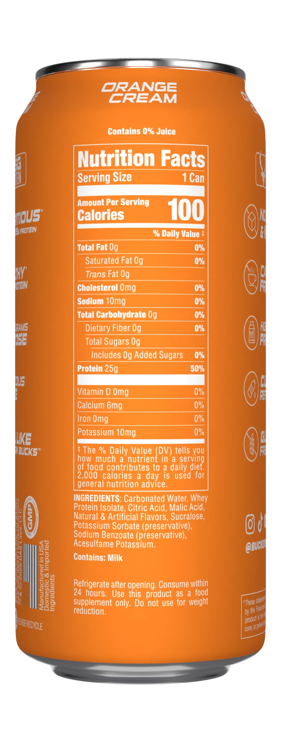 Bucked Up rainbow candy can highlighting flavorful zero-sugar protein drink