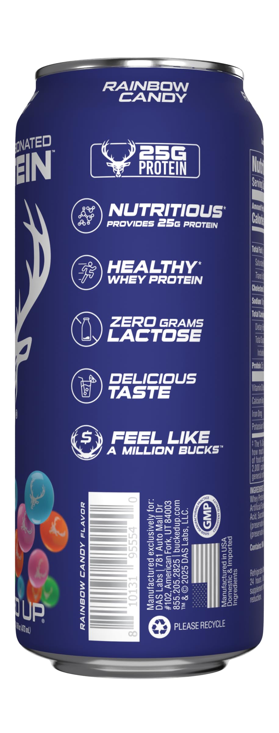 Bucked Up label close-up on protein soda showing whey isolate profile.
