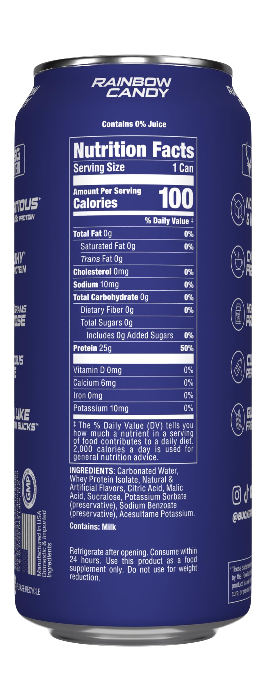 Bucked Up rainbow candy flavor can close-up, zero sugar and low calories.