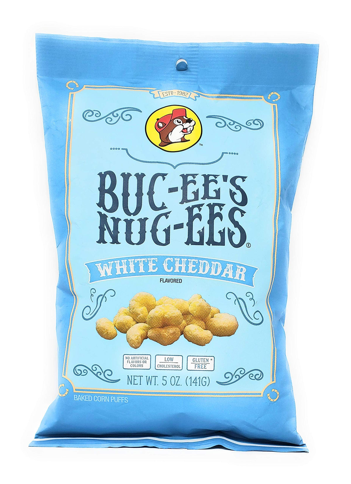 Buc-ee's Nug-ees white cheddar powdery coating pack shot for savory road-trip snacking.