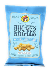 Buc-ee's Nug-ees white cheddar powdery coating pack shot for savory road-trip snacking.