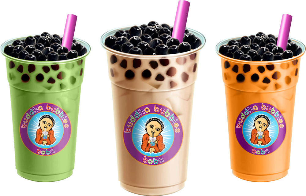 Buddha Bubbles Boba serving ideas with fruit tea and creamy beverages