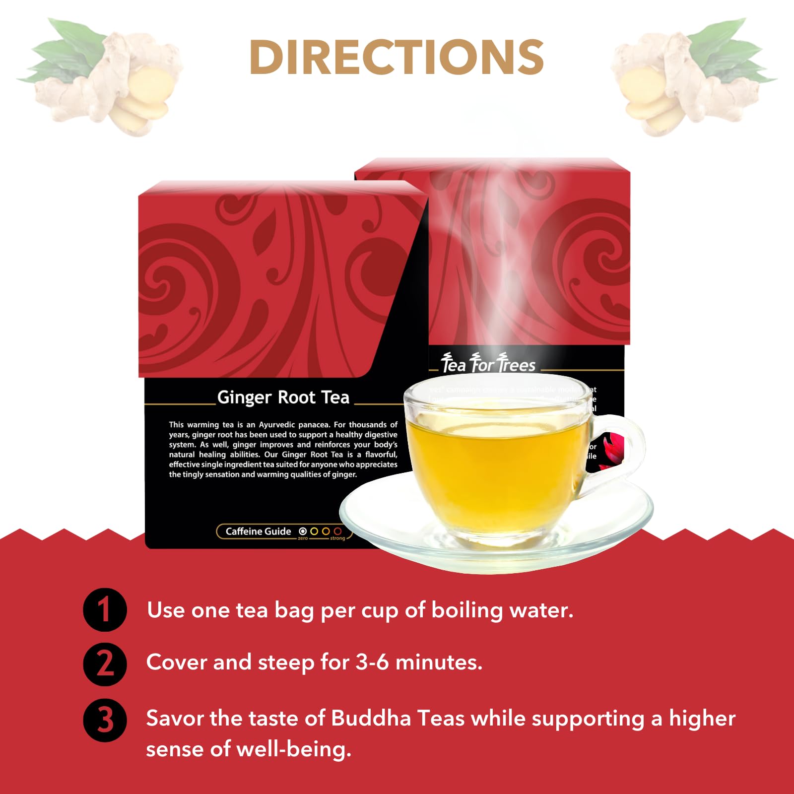 Buddha Teas additive-free ginger tea close-up highlights purity.
