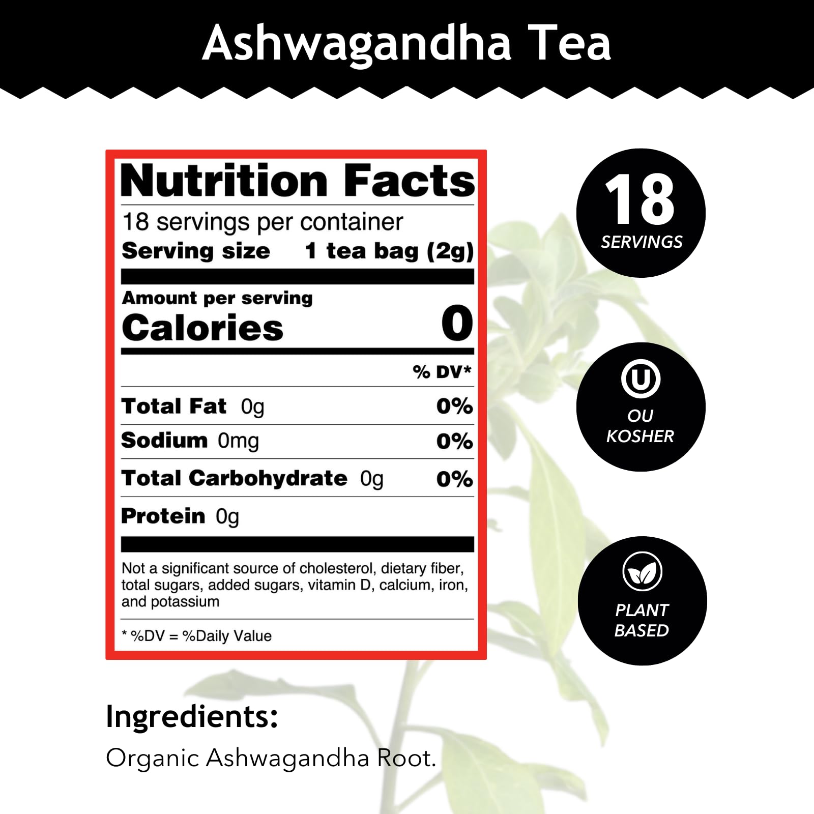 Buddha Teas Ashwagandha Root Tea bag closeup highlights natural, caffeine-free herbal blend.