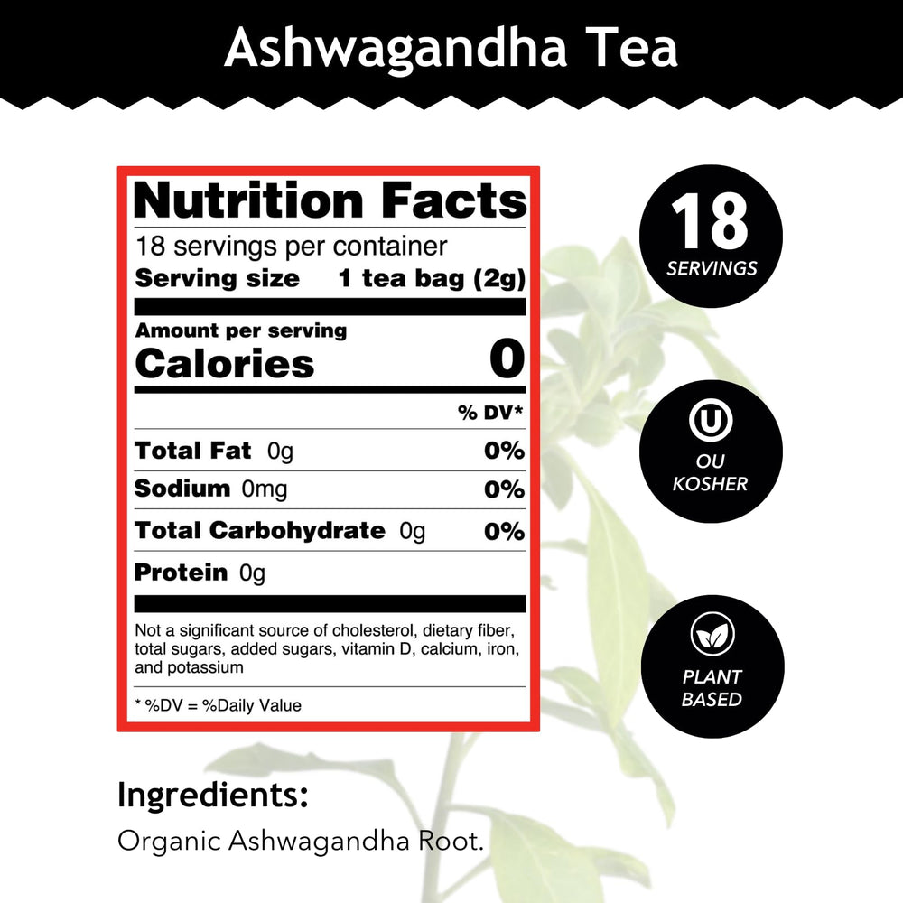 Buddha Teas Ashwagandha Root Tea bag closeup highlights natural, caffeine-free herbal blend.