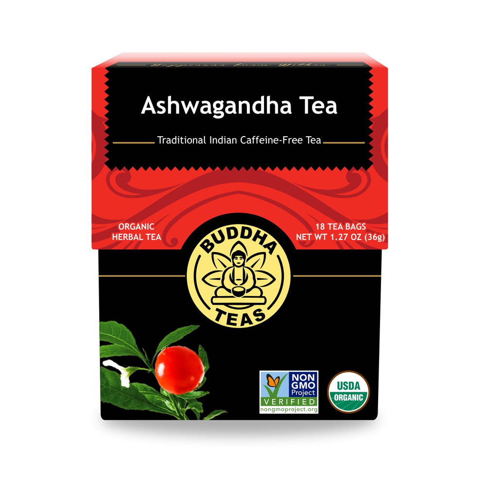 Buddha Teas Ashwagandha Root Tea box shows organic packaging for a calm caffeine-free cup.