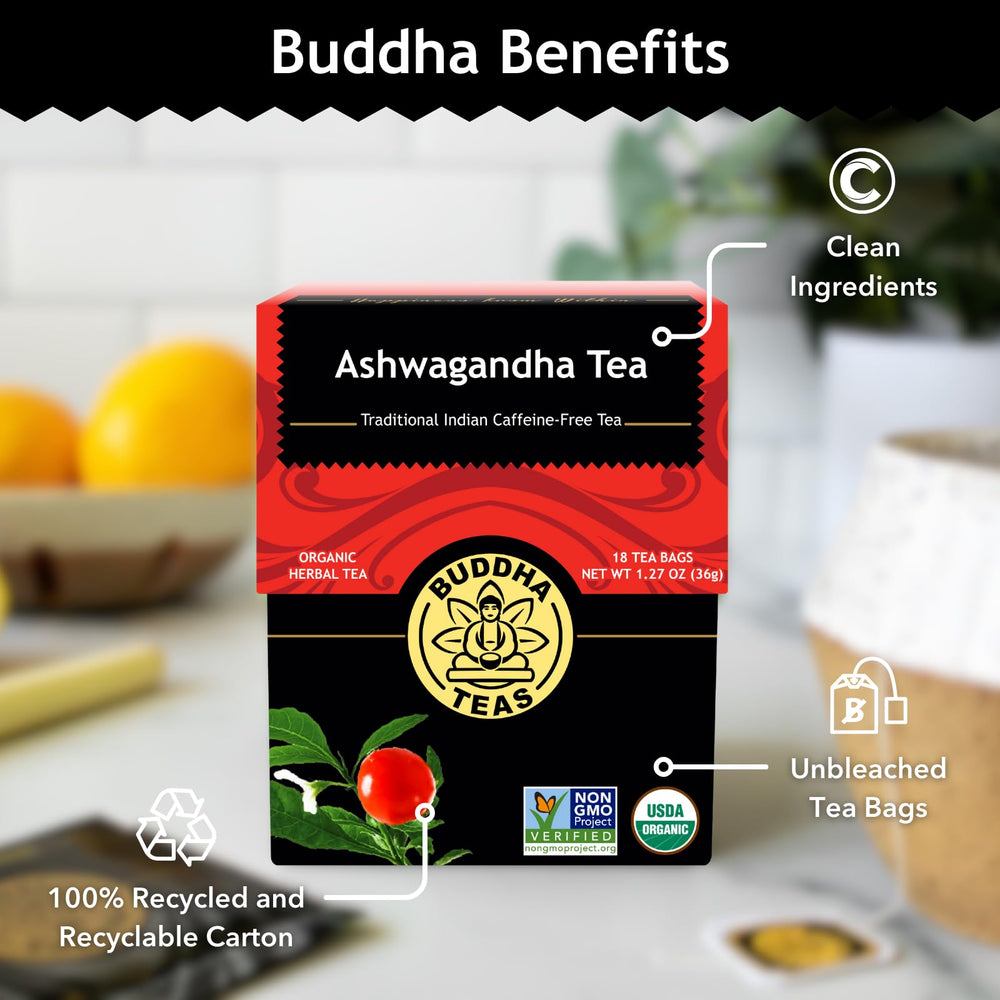 Buddha Teas Ashwagandha Root Tea caffeine-free label emphasizes approachable evening ritual.