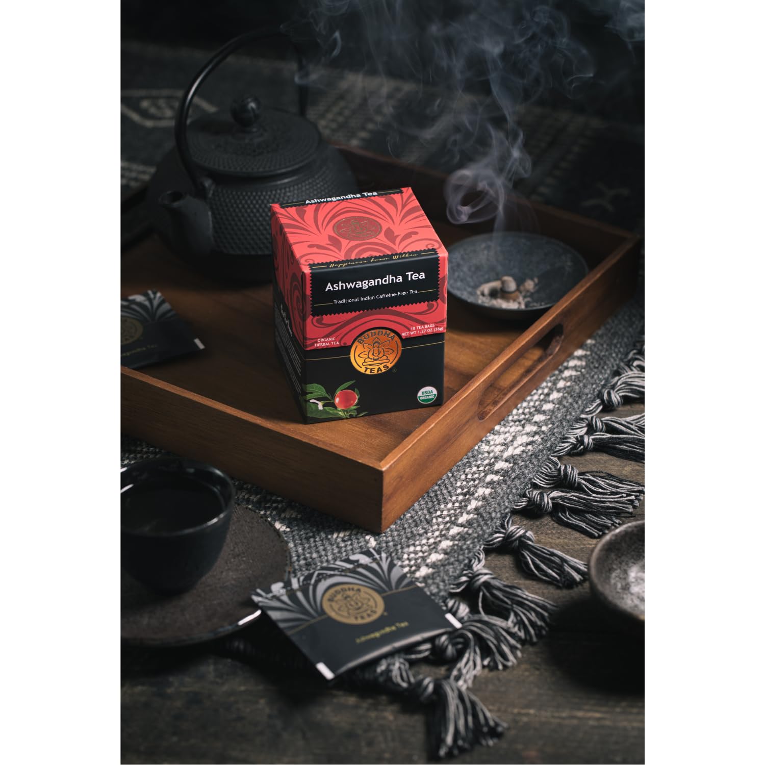 Buddha Teas Ashwagandha Root Tea kosher symbol on box signals OU Kosher.