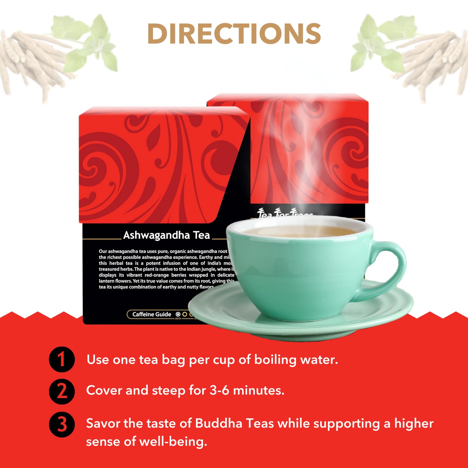 Buddha Teas Ashwagandha Root Tea packaging details convey clean ingredients.