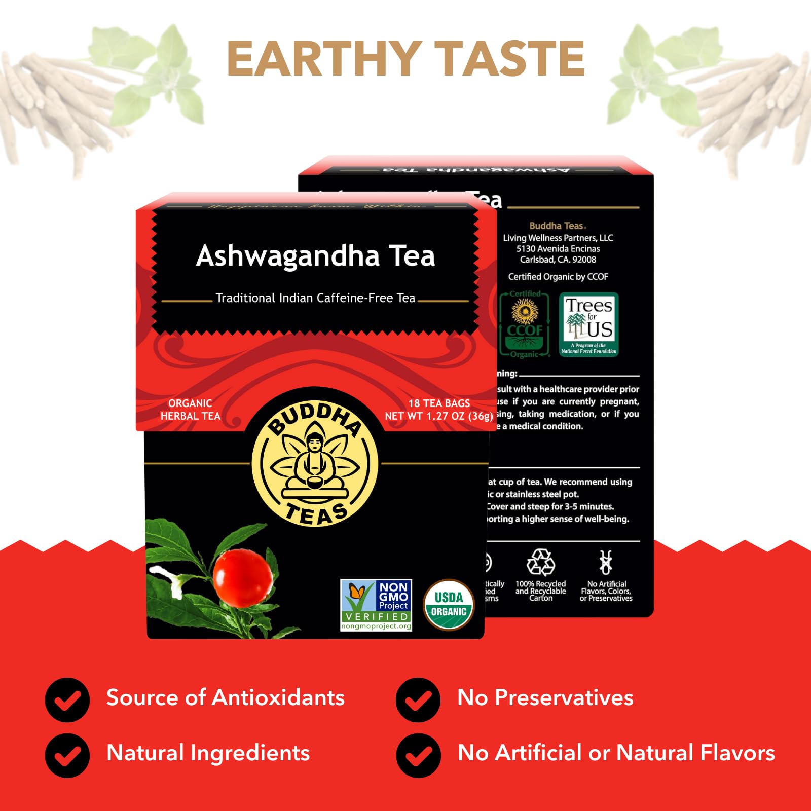 Buddha Teas Ashwagandha Root Tea steeping cup captures earthy aroma and gentle notes.