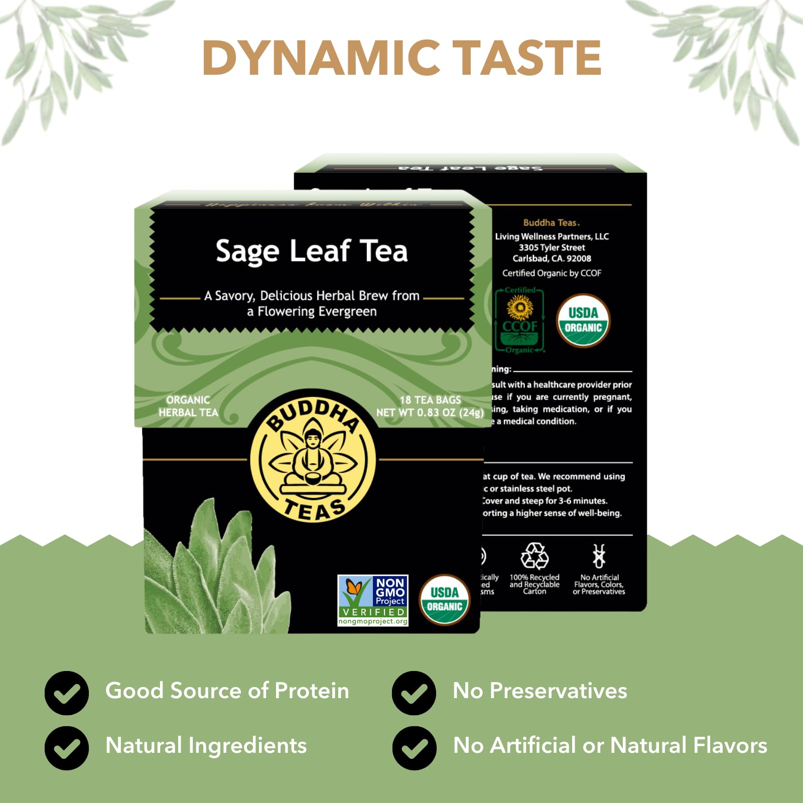 Buddha Teas bleach-free tea bags packaging shown for freshness