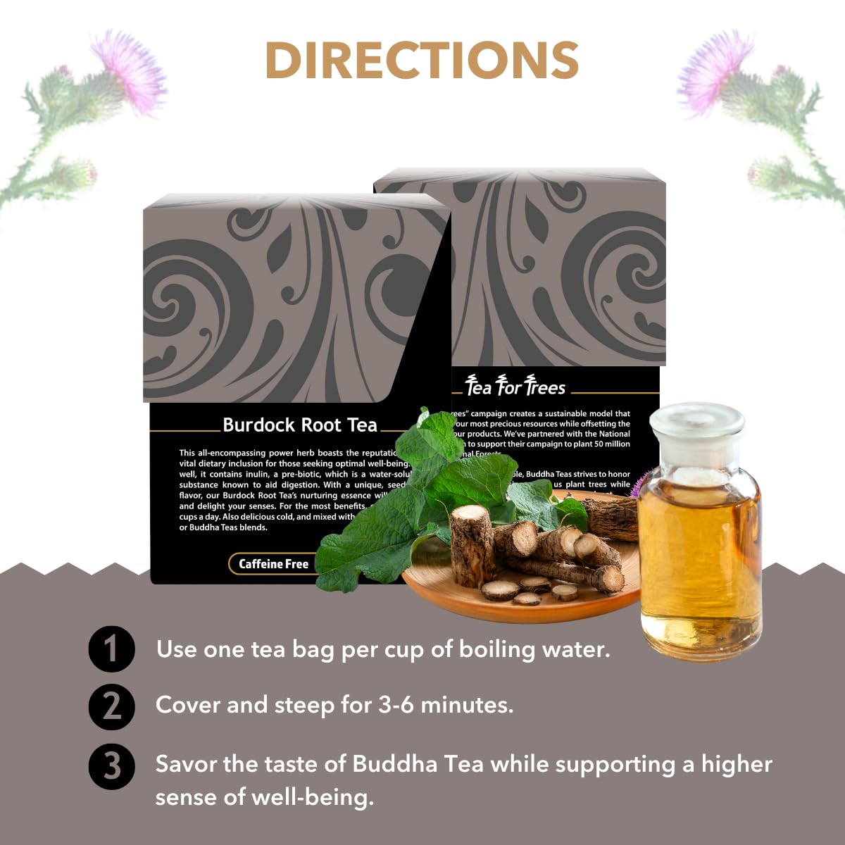 Buddha Teas Burdock Root dry herbs display emphasizing natural ingredients