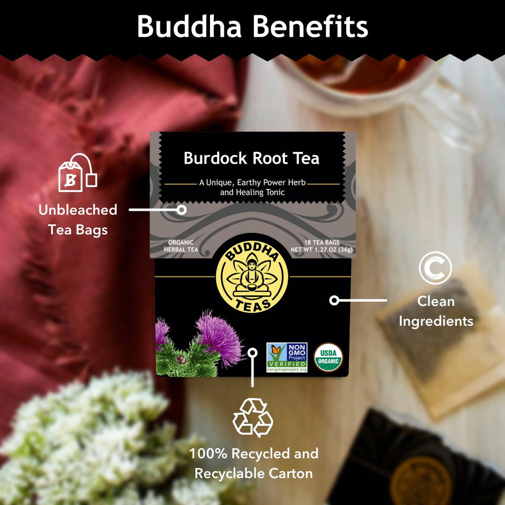 Buddha Teas Burdock Root tea bags with label showing kosher and caffeine-free option
