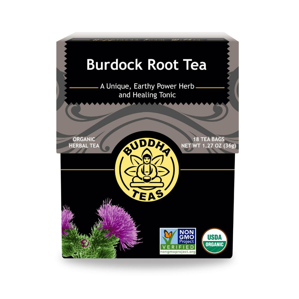Buddha Teas Burdock Root packaging showing the box and 18 tea bags for convenient wellness