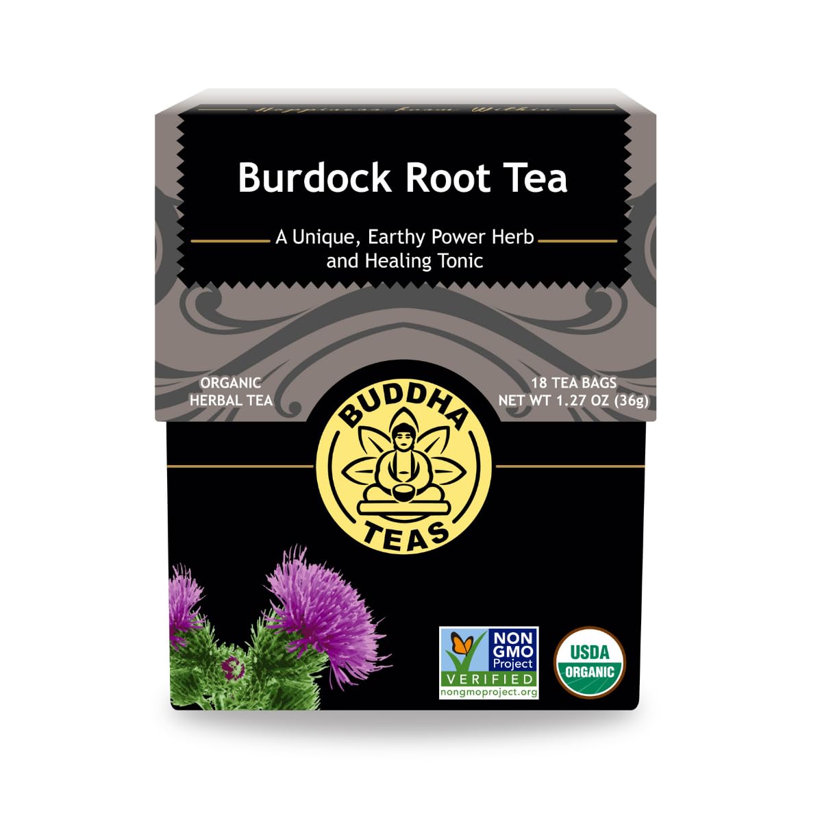 Buddha Teas Burdock Root packaging showing the box and 18 tea bags for convenient wellness