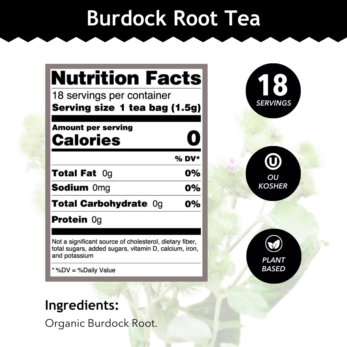 Buddha Teas Burdock Root tea bags image highlighting caffeine-free and antioxidant-rich brew