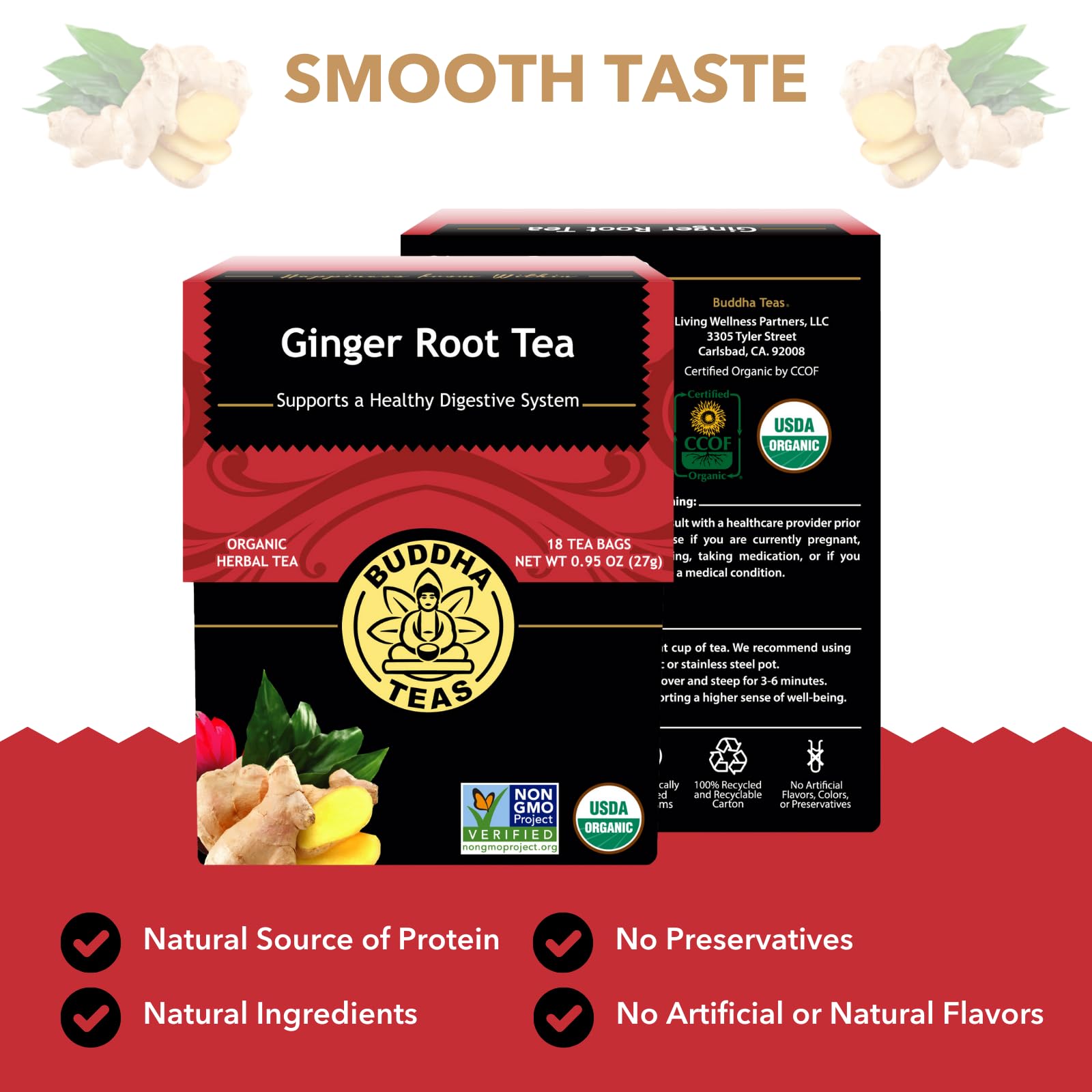 Buddha Teas caffeine-free ginger tea cup ideal for evenings.