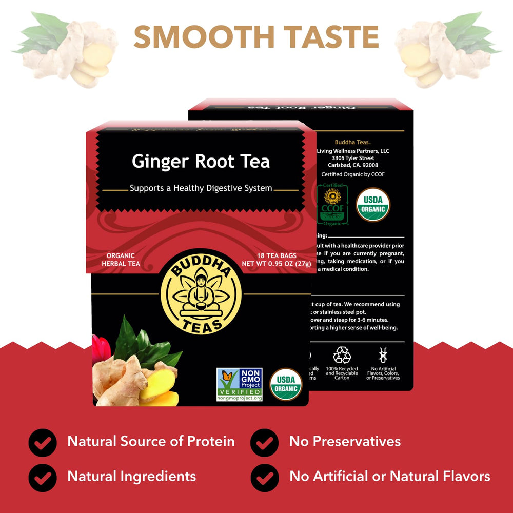 Buddha Teas caffeine-free ginger tea cup ideal for evenings.