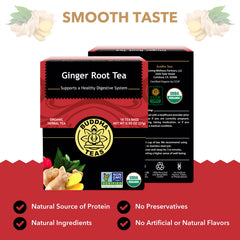 Buddha Teas caffeine-free ginger tea cup ideal for evenings.