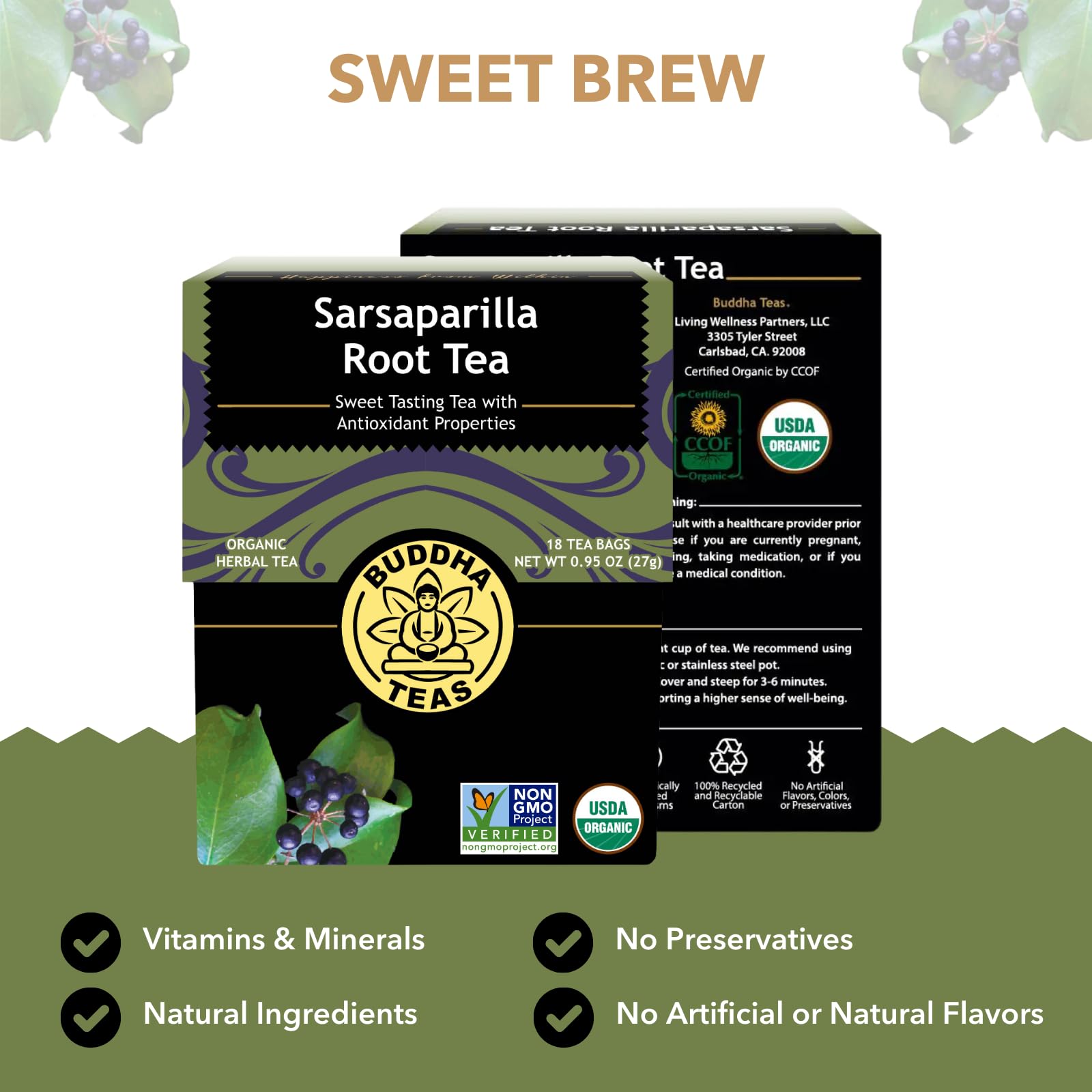 Buddha Teas caffeine-free tea bag closeup, clean ingredients for daily enjoyment.