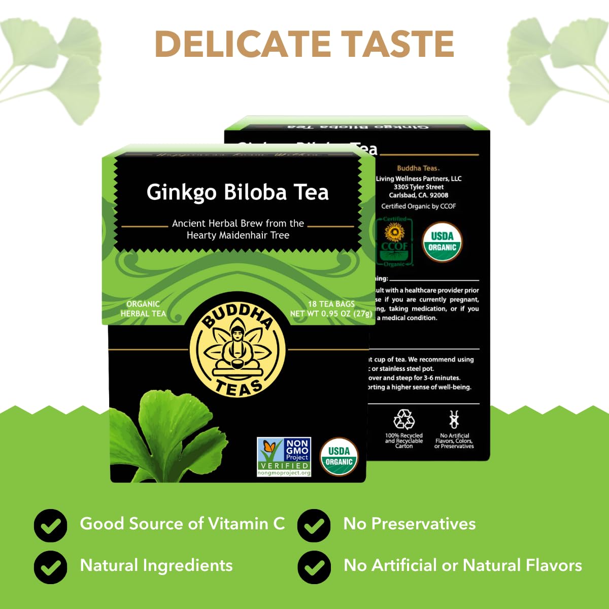 Buddha Teas caffeine-free tea cup steeping for a calm afternoon ritual.