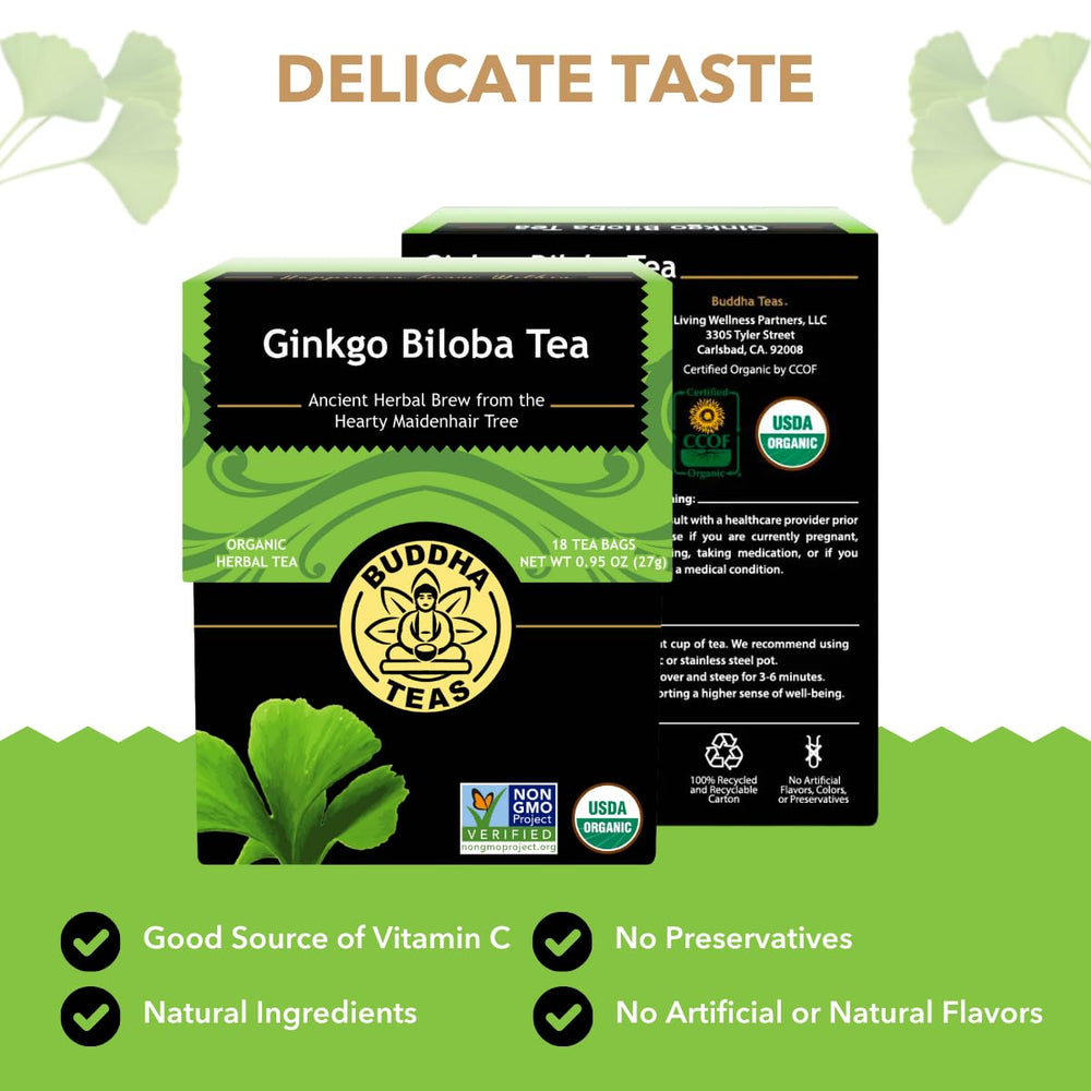 Buddha Teas caffeine-free tea cup steeping for a calm afternoon ritual.
