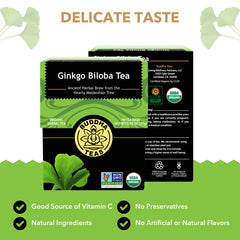 Buddha Teas caffeine-free tea cup steeping for a calm afternoon ritual.