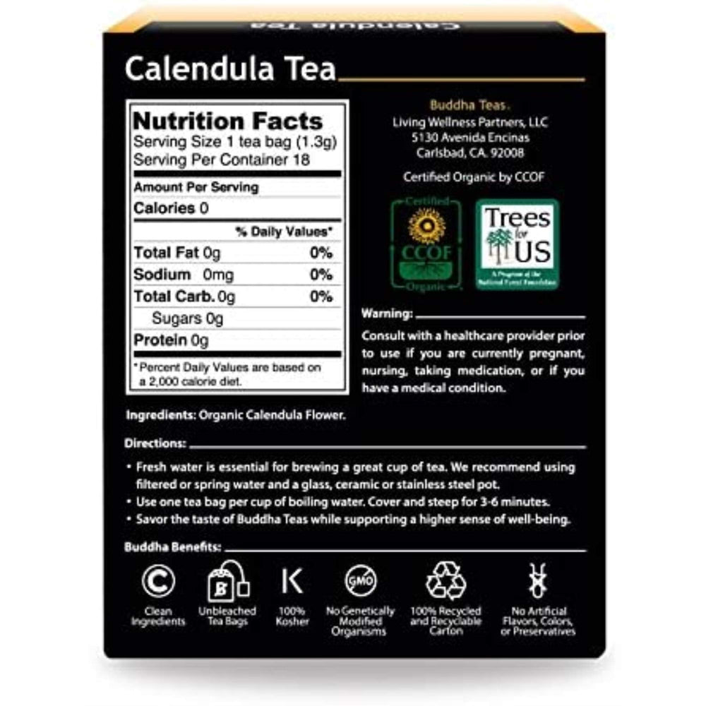 Buddha Teas calendula flowers close-up, single-ingredient quality for gentle infusion.