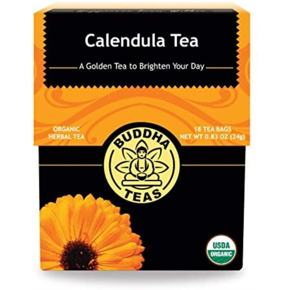 Buddha Teas Calendula tea bags in a box, caffeine-free calming ritual.
