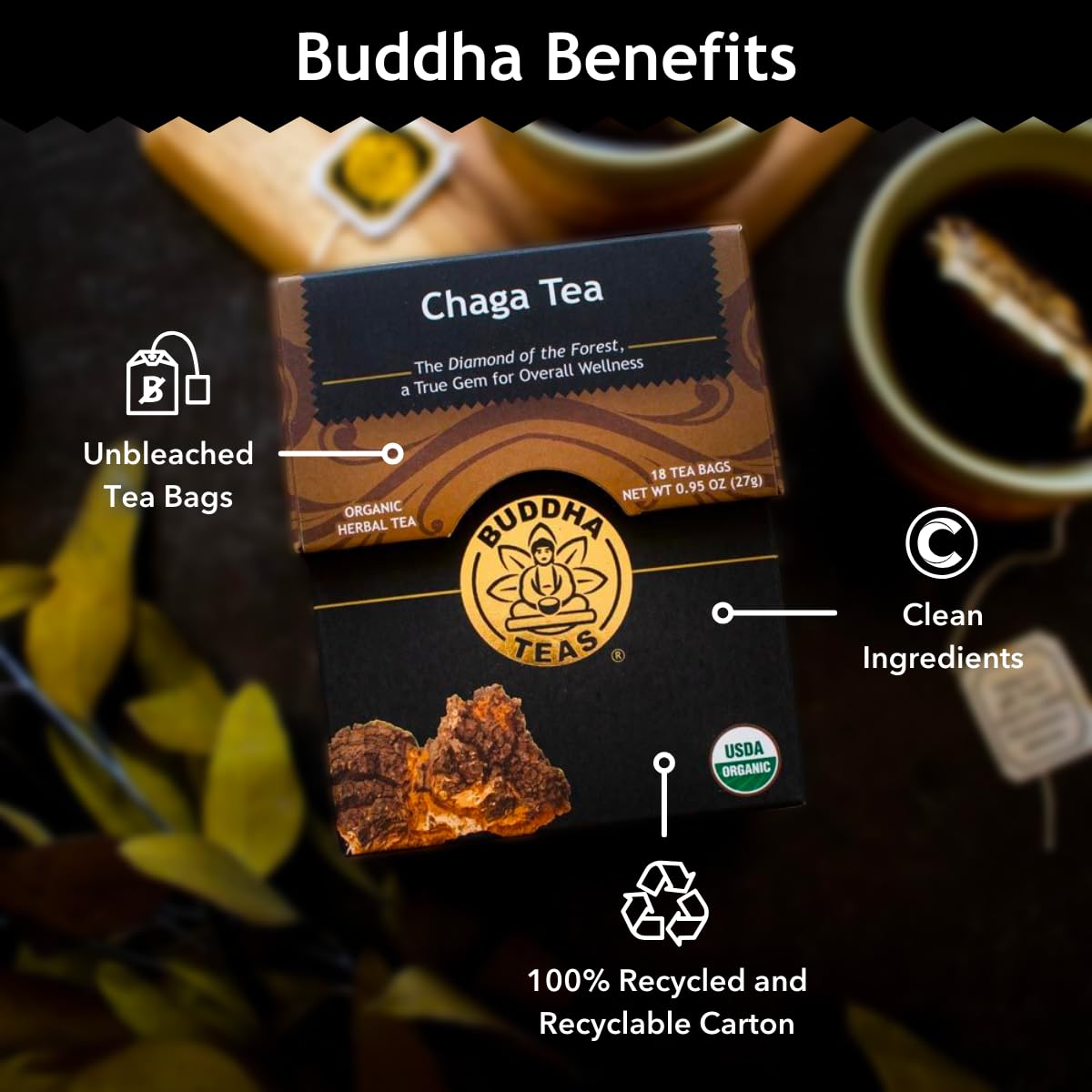 Buddha Teas Chaga Tea antioxidants visual suggests healthful daily use.