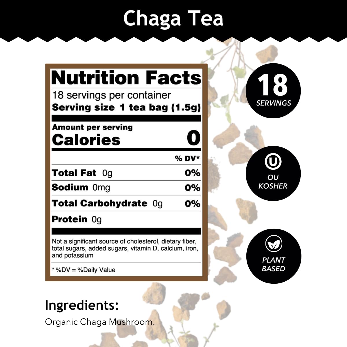 Buddha Teas Chaga Tea cup steeping highlights earthy aroma for calm moments.