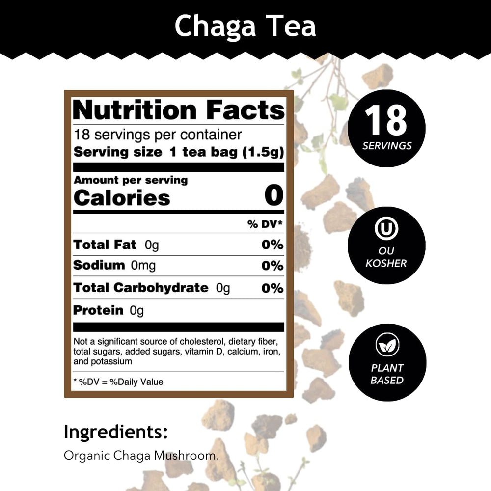 Buddha Teas Chaga Tea cup steeping highlights earthy aroma for calm moments.
