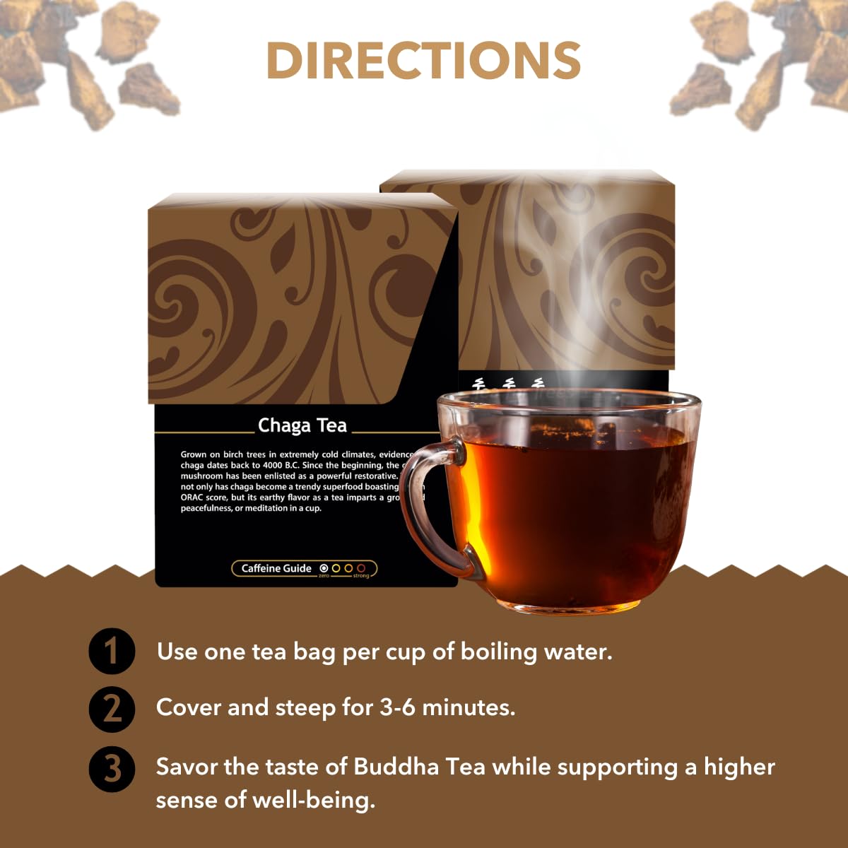 Buddha Teas Chaga Tea mushroom close-up emphasizes antioxidant-rich ingredients.