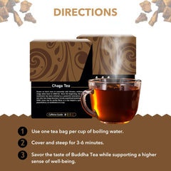 Buddha Teas Chaga Tea mushroom close-up emphasizes antioxidant-rich ingredients.