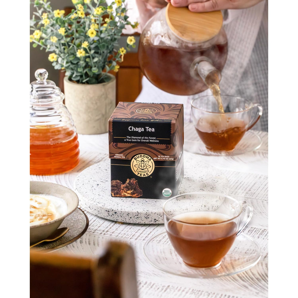 Buddha Teas Chaga Tea organic label with OU Kosher certification.