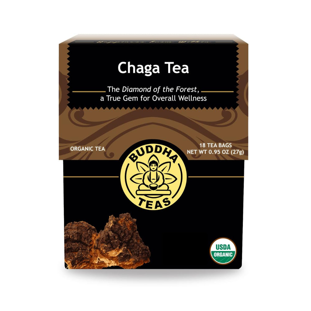 Buddha Teas Chaga Tea packaging shows 18 bags for daily ritual.