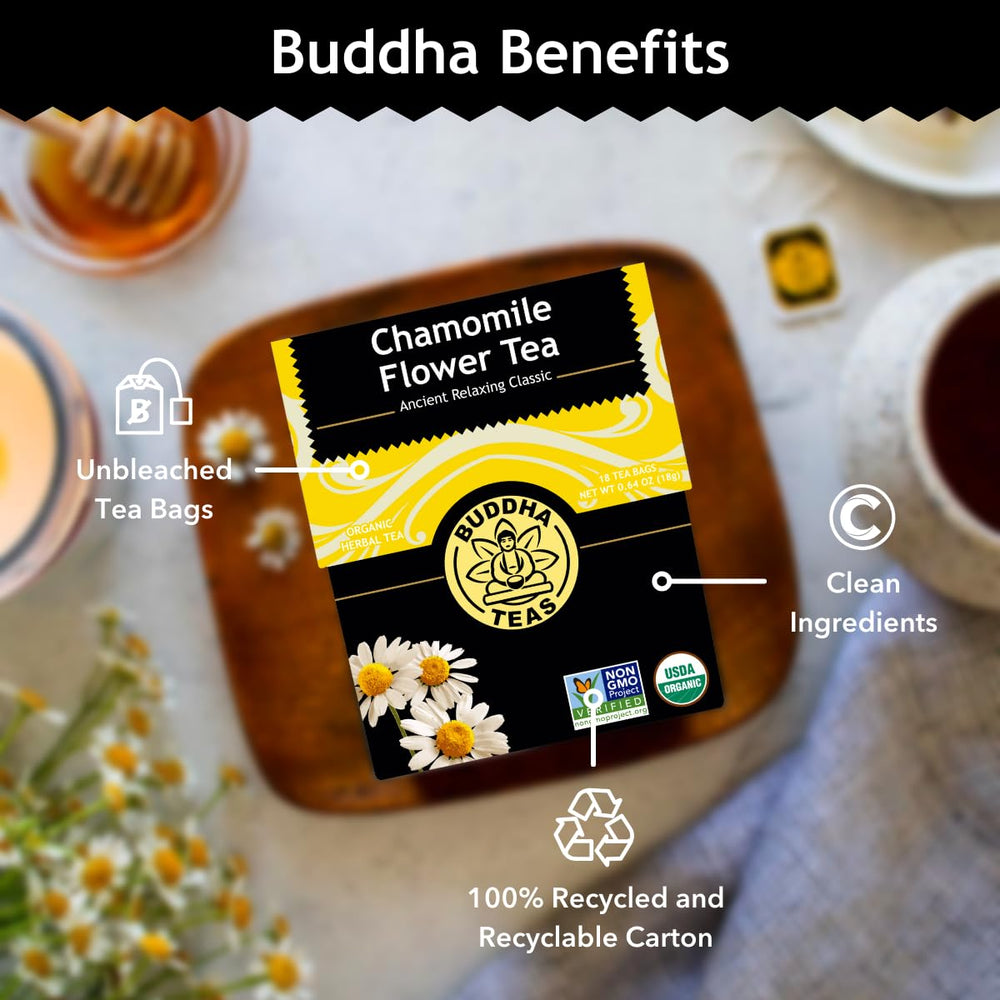 Buddha Teas chamomile tea cup with lemon for gentle sweetness