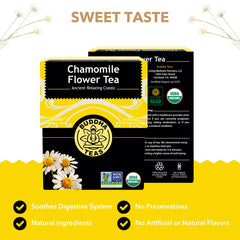 Buddha Teas chamomile packaging highlights clean organic ingredients