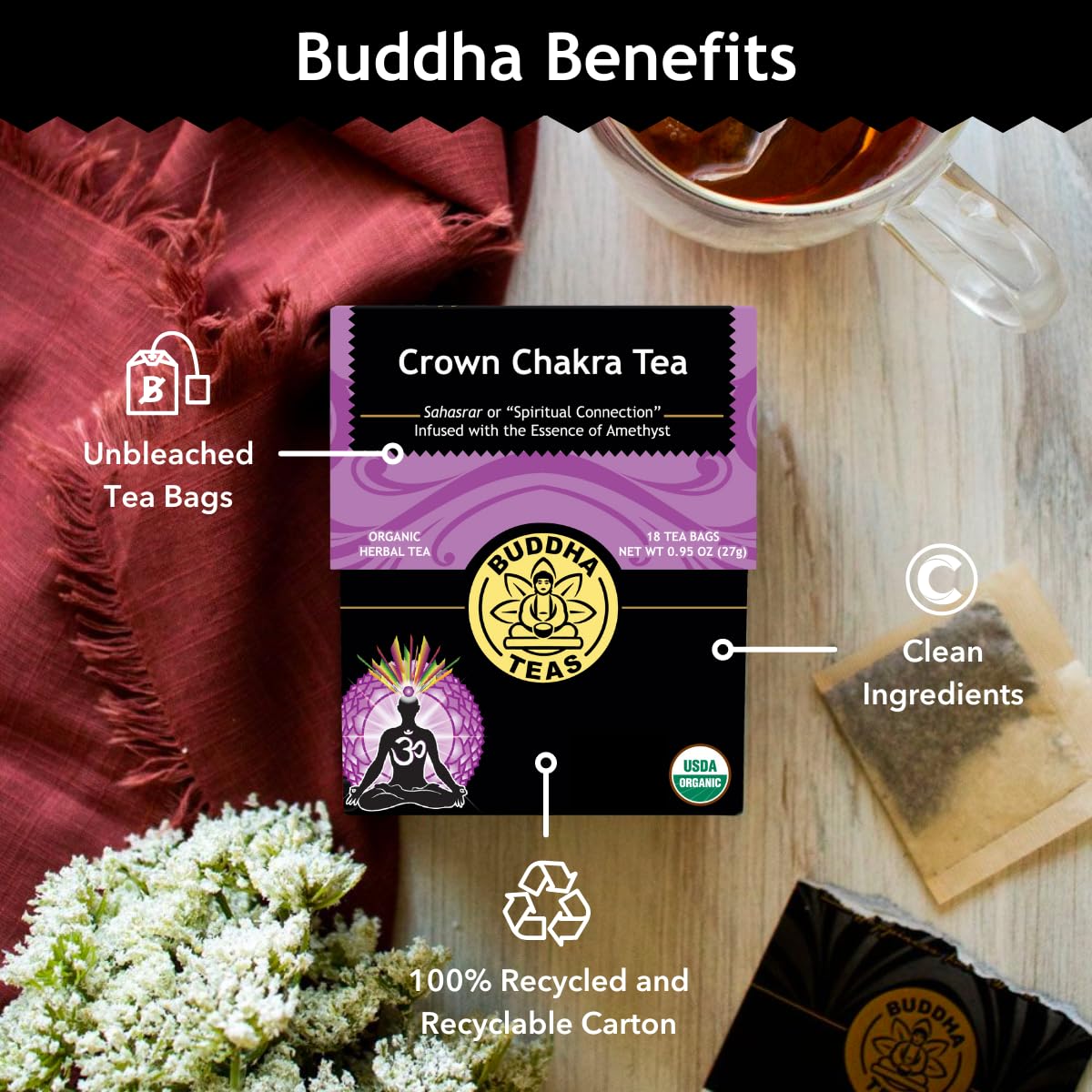 Buddha Teas Crown Chakra Tea cup steep reveals soothing aroma and balanced herbal flavor