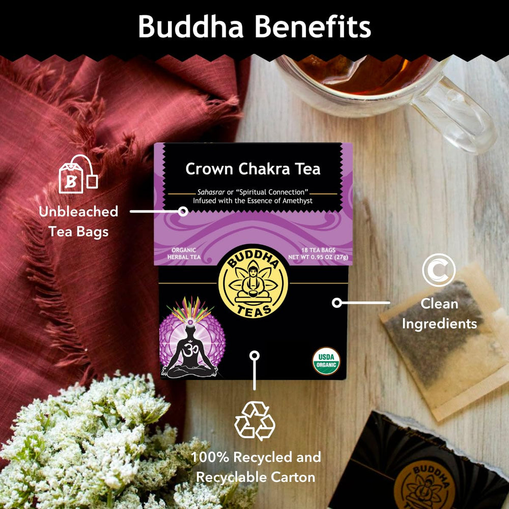 Buddha Teas Crown Chakra Tea cup steep reveals soothing aroma and balanced herbal flavor