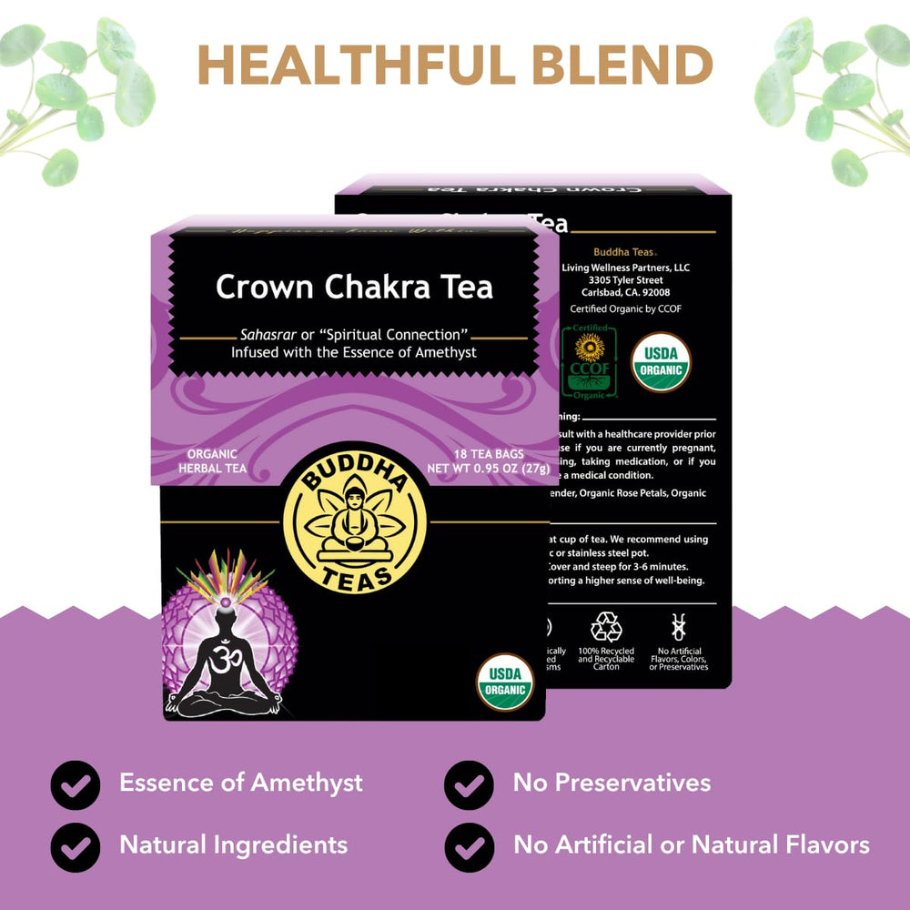 Buddha Teas Crown Chakra Tea label showcases rose petal aroma and natural ingredients for a soothing ritual