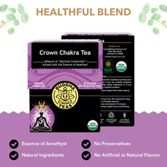 Buddha Teas Crown Chakra Tea label showcases rose petal aroma and natural ingredients for a soothing ritual