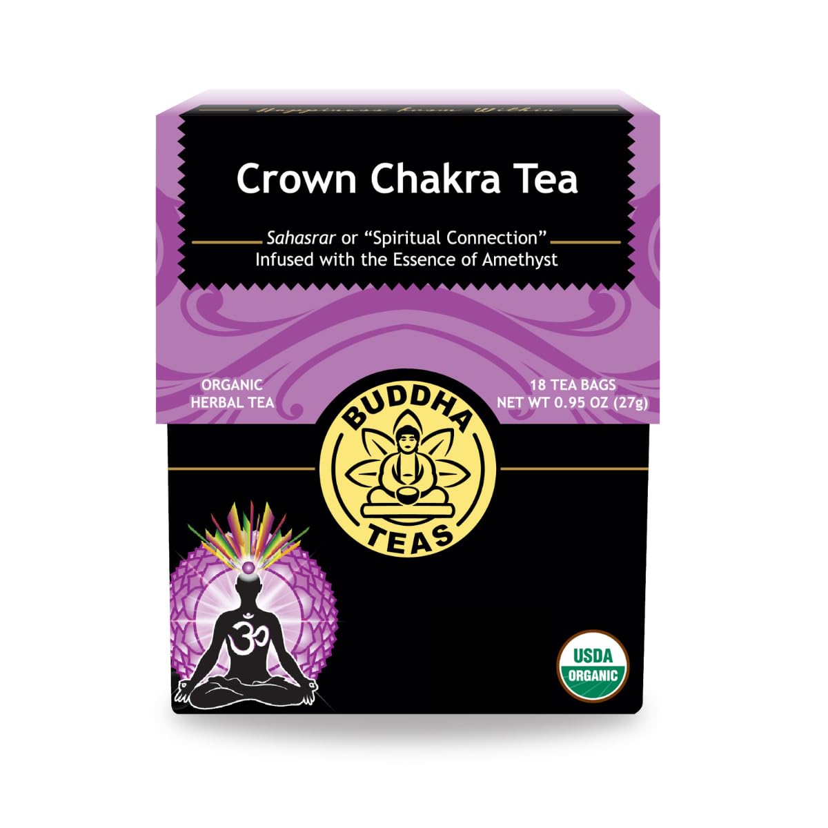 Buddha Teas Crown Chakra Tea pack shot highlights organic ingredients for mindful sipping and calm focus