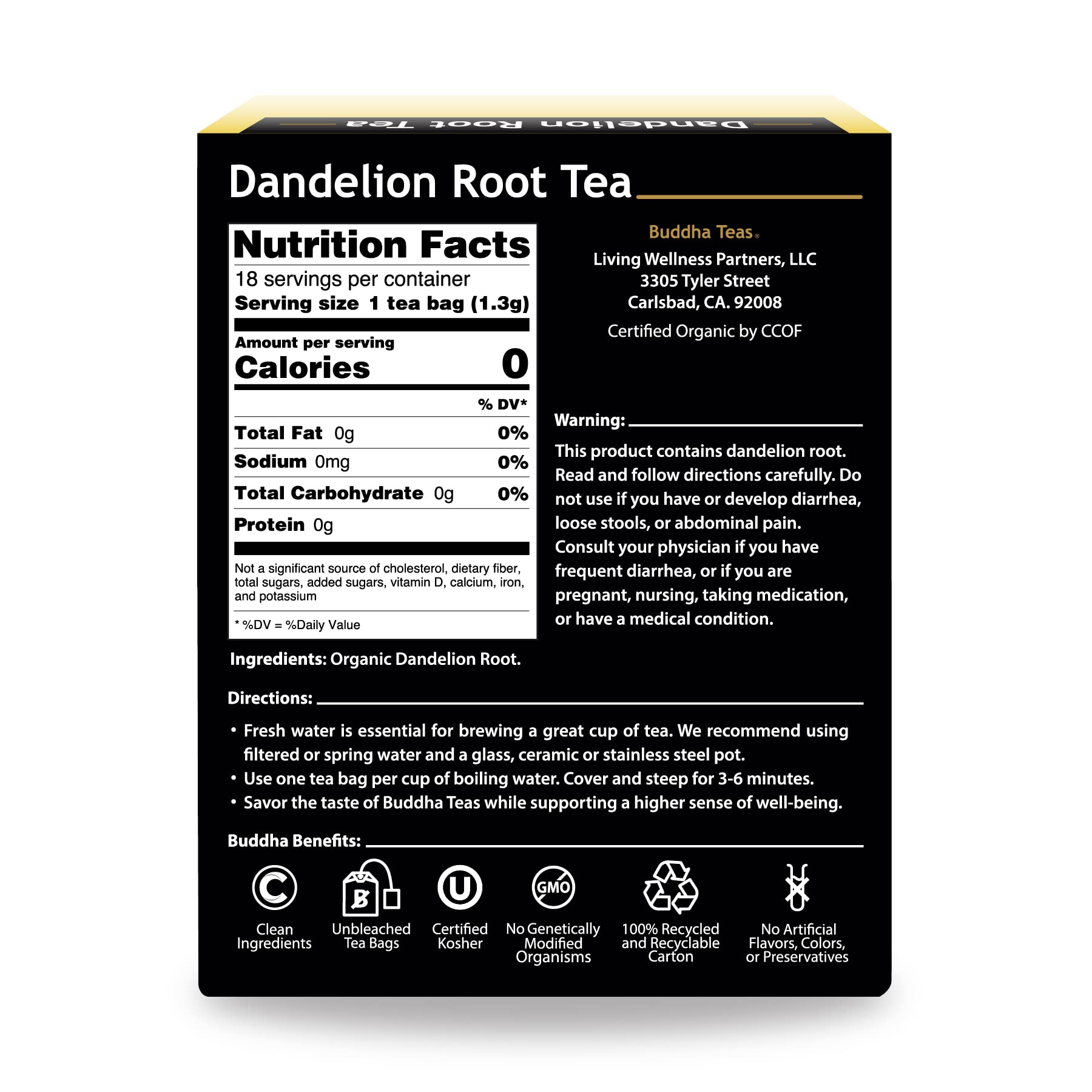 Buddha Teas Dandelion Root tea cup steeping for a soothing ritual.