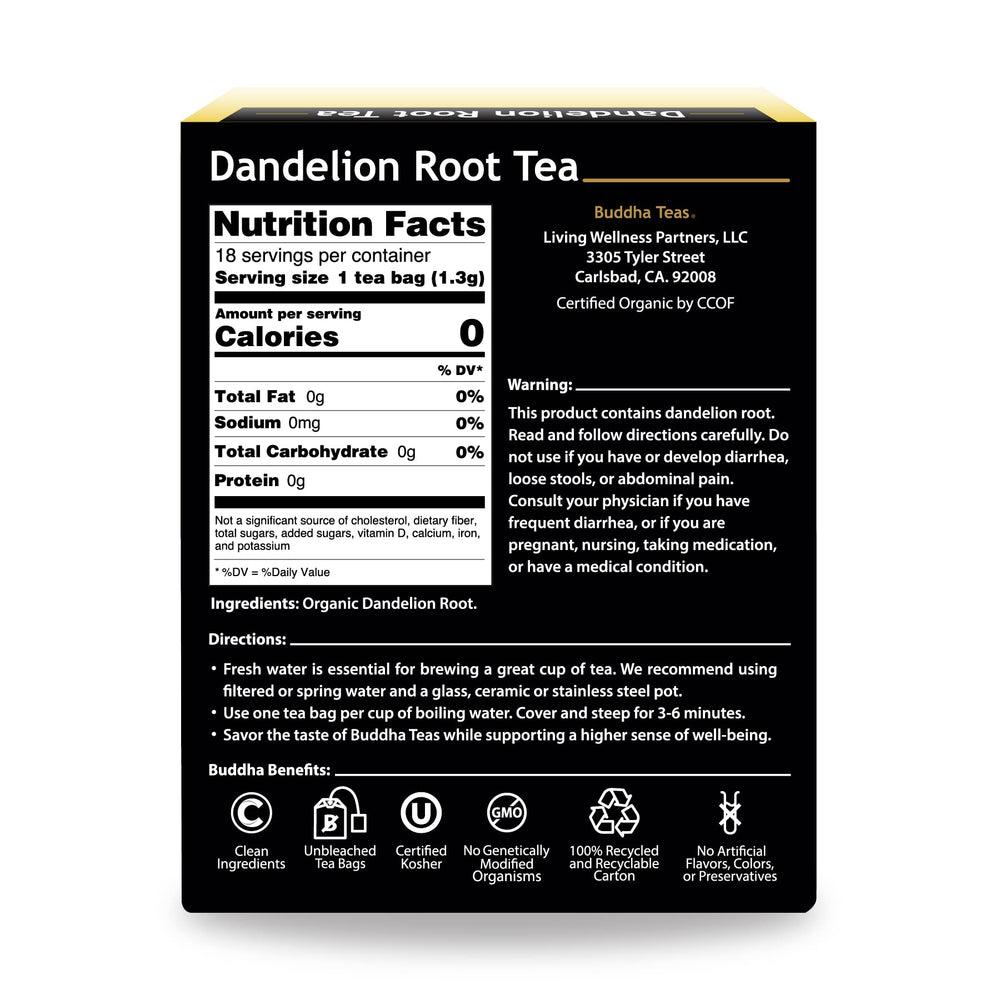 Buddha Teas Dandelion Root tea cup steeping for a soothing ritual.