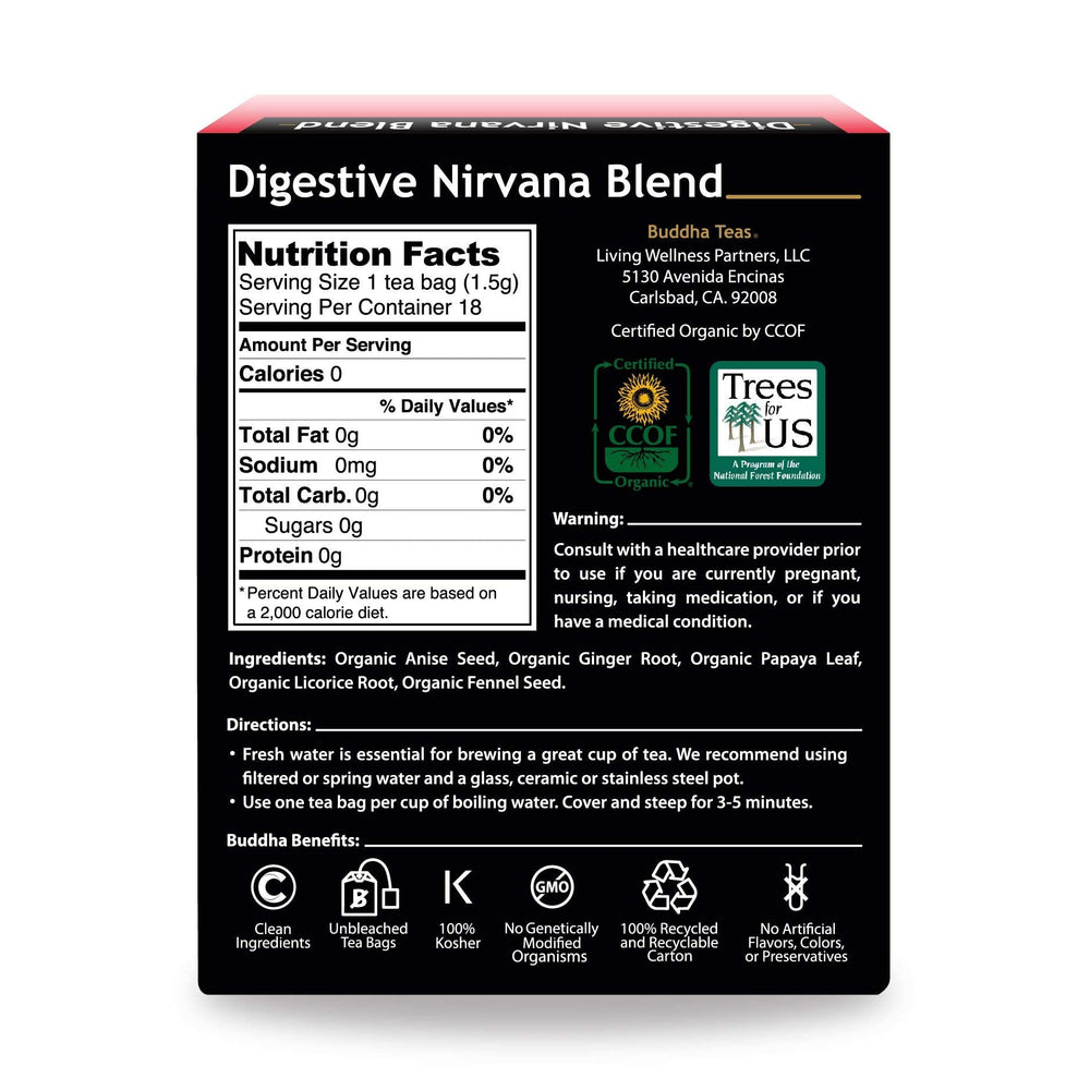 Buddha Teas Digestive Nirvana Blend cup suggests a soothing, caffeine-free herbal experience.