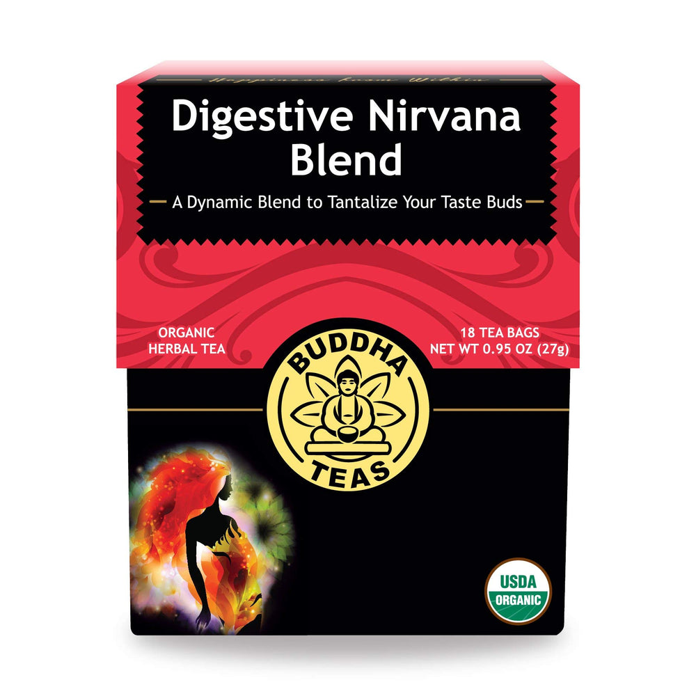 Buddha Teas Digestive Nirvana Blend packaging emphasizes organic ingredients for digestive comfort.